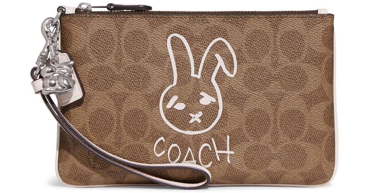 COACH Bunny Graphic Coated Canvas Signature Small Wristlet in Brown Lyst
