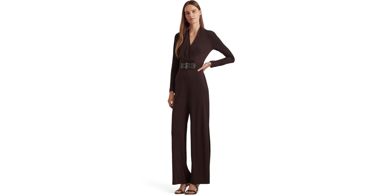 Lauren by Ralph Lauren Belted Stretch Jersey Jumpsuit in Brown Lyst