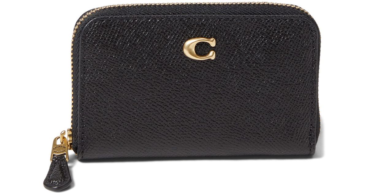 COACH Cross Grain Leather Small Zip Around Card Case in Black | Lyst