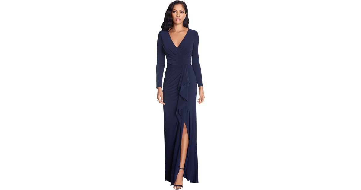 Betsy & Adam Long Sleeve Jersey V-neck Ruched Gown in Blue | Lyst