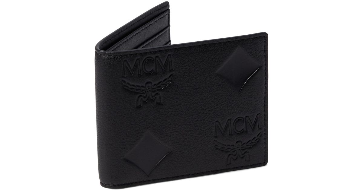 MCM Aren Emblem Maxi Monogrammed Leather Small Wallet in Black | Lyst