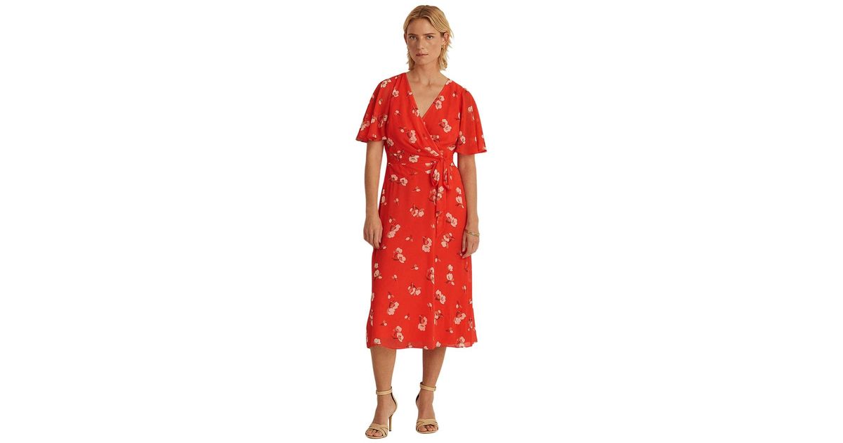 Lauren Ralph Lauren Floral Print Crinkled Georgette V-Neck Sleeveless Empire Waist A-Line Midi 