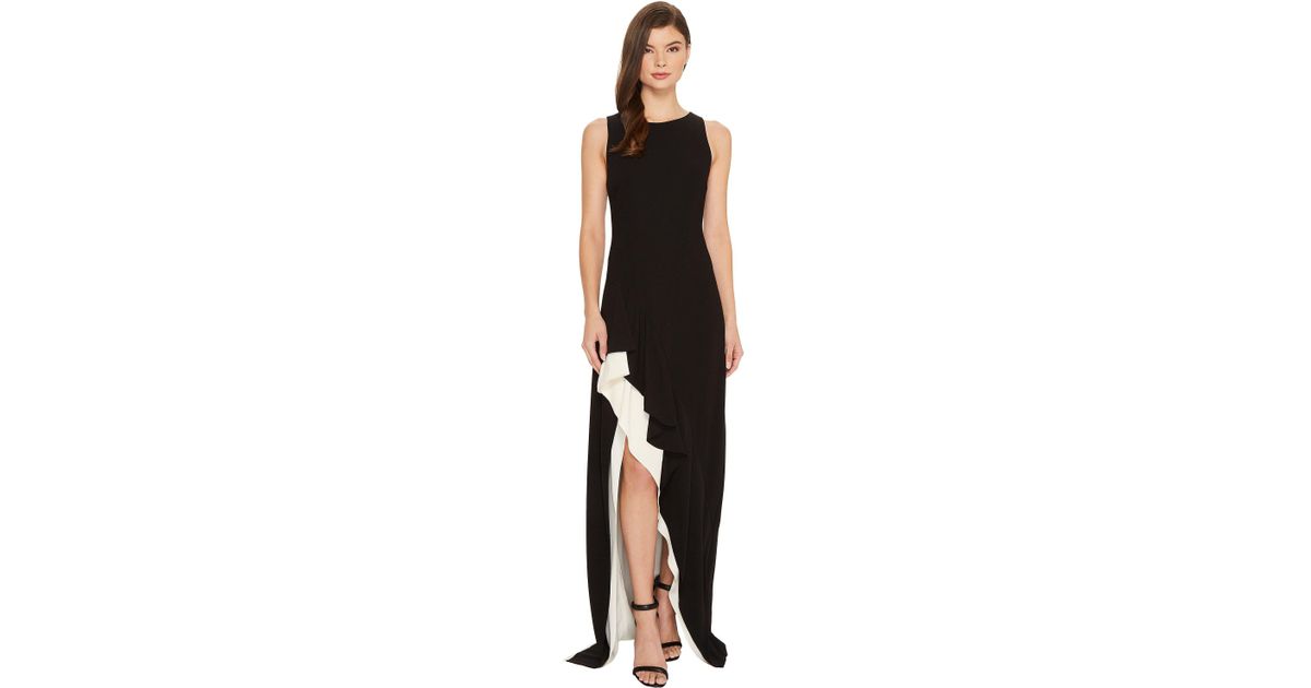 Halston Heritage Womens Sleeveless Round Neck Colorblocked Flounce Skirt Dress