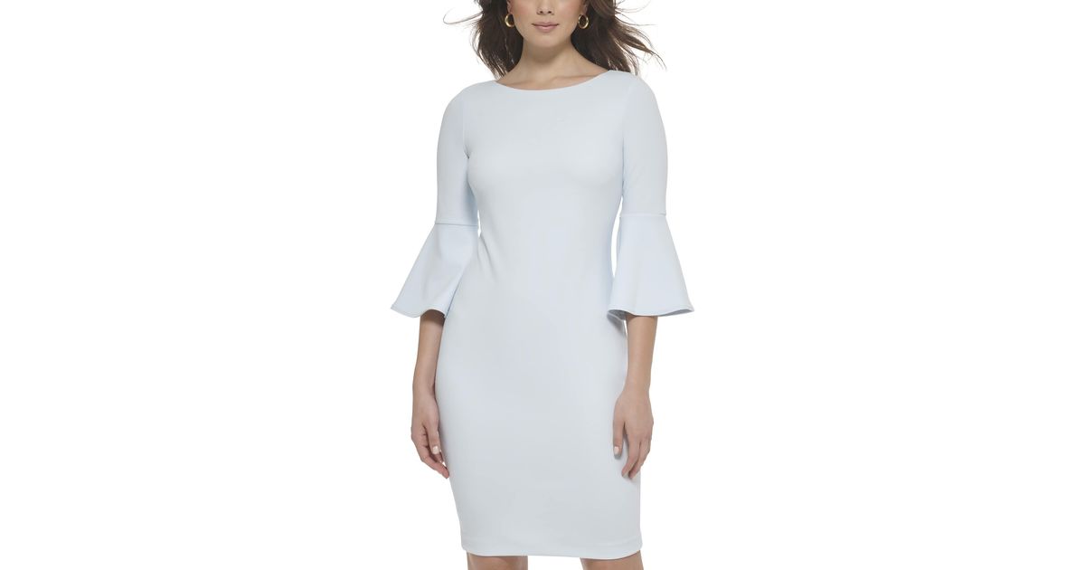 Calvin Klein Scuba Crepe Sheath Dress With Bell Sleeve in Blue Lyst