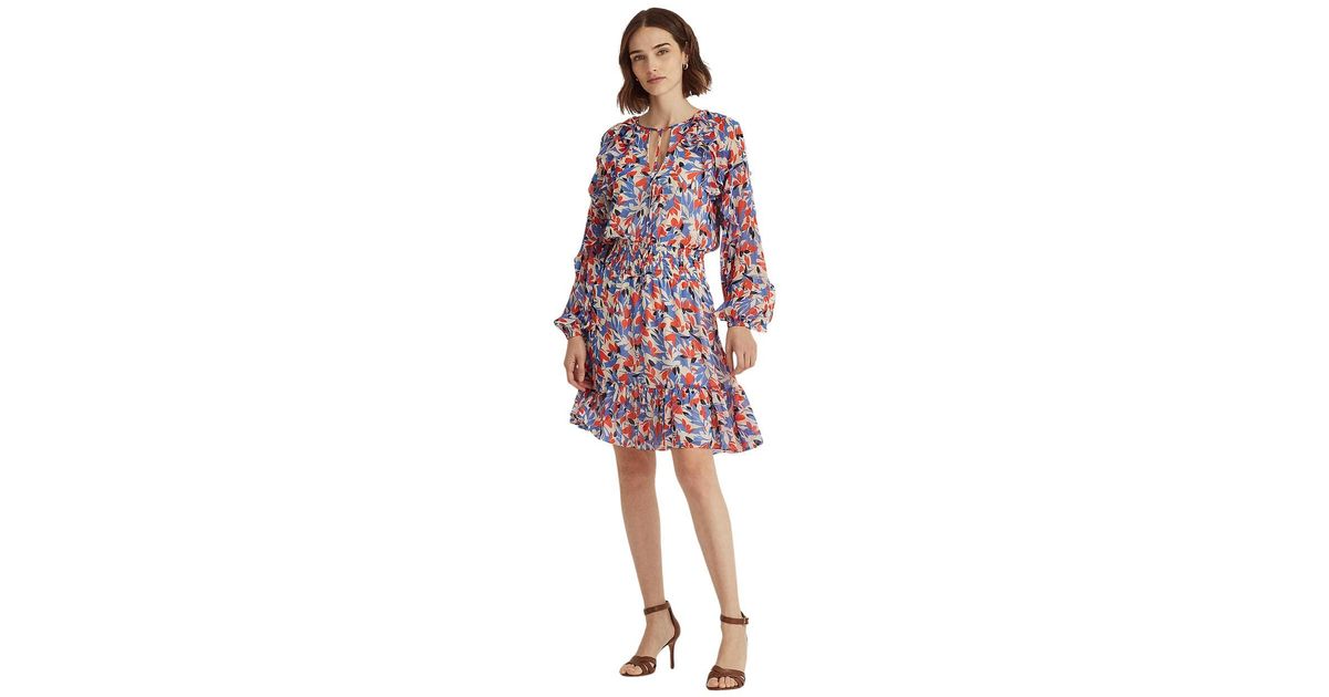 Lauren by Ralph Lauren Synthetic Floral Crinkled Georgette Dress in Red
