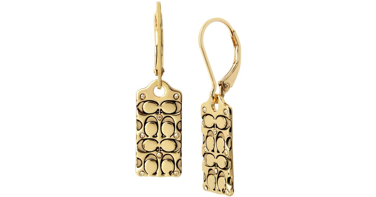 COACH Quilted C Tag Drop Earrings in Tan (Brown) Lyst