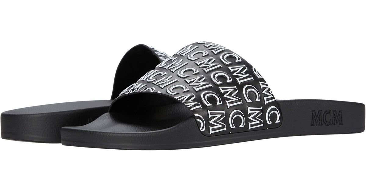 MCM Leather Logo Group Slide Sandal in Black for Men - Lyst