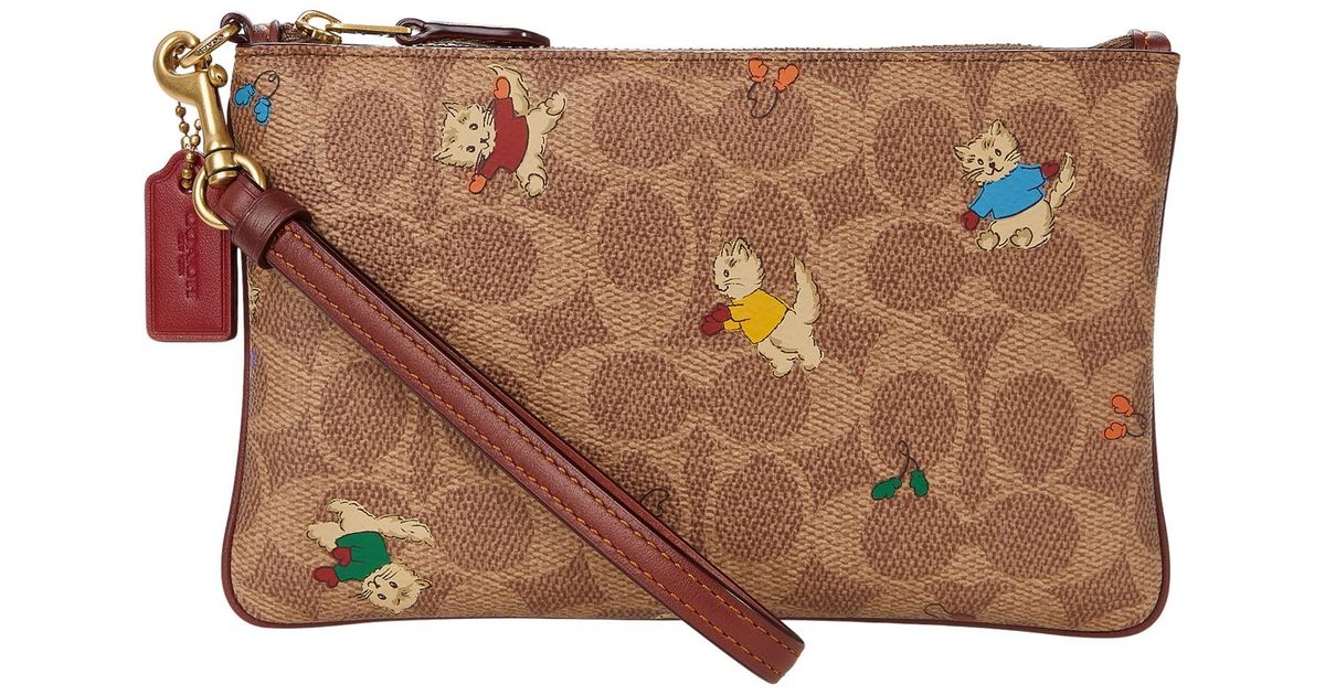 COACH Box Program Coated Canvas Signature Kittens Small Wristlet in Tan