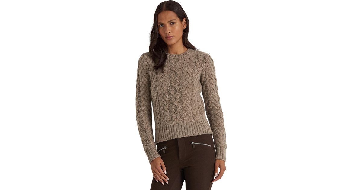 Lauren by Ralph Lauren Aranknit Woolcashmere Sweater in Brown Lyst