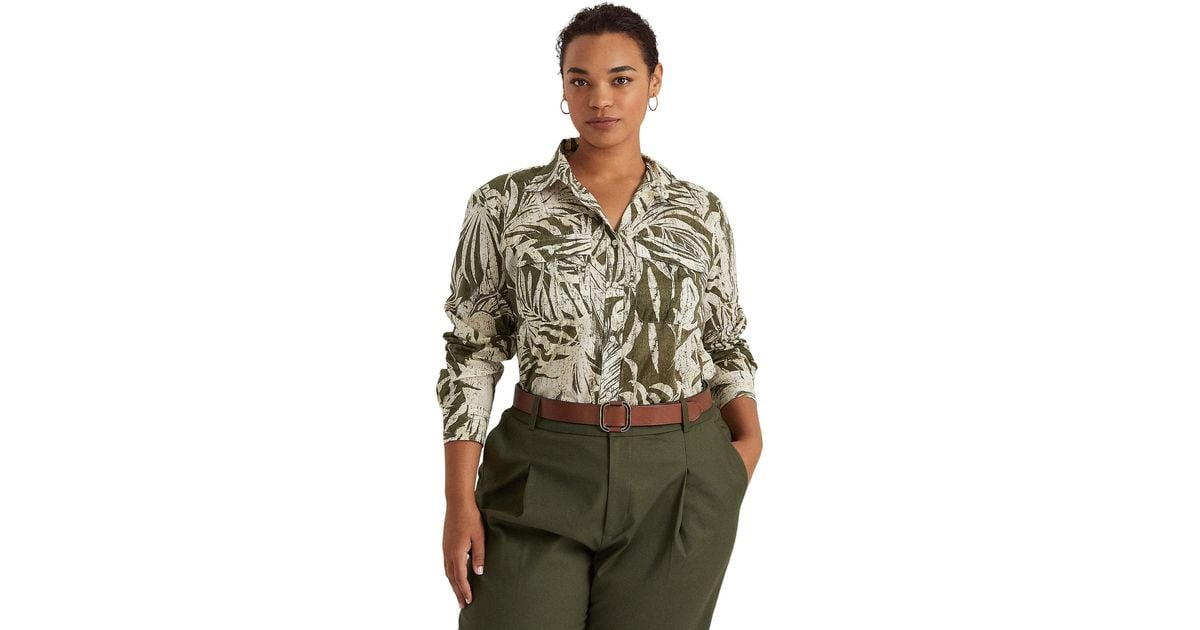 Lauren by Ralph Lauren Plus Size Palm Leafprint Cotton Voile Shirt in