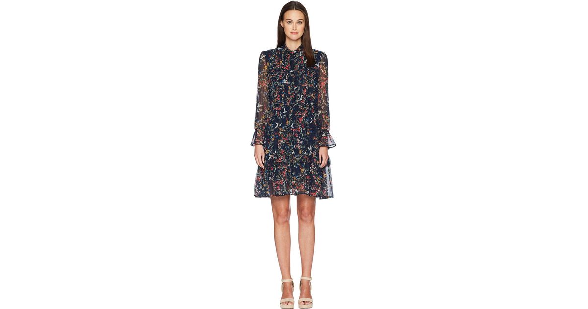 The Kooples Loose-fitting Blue Bird Print Dress In Crepe Silk Muslin ...