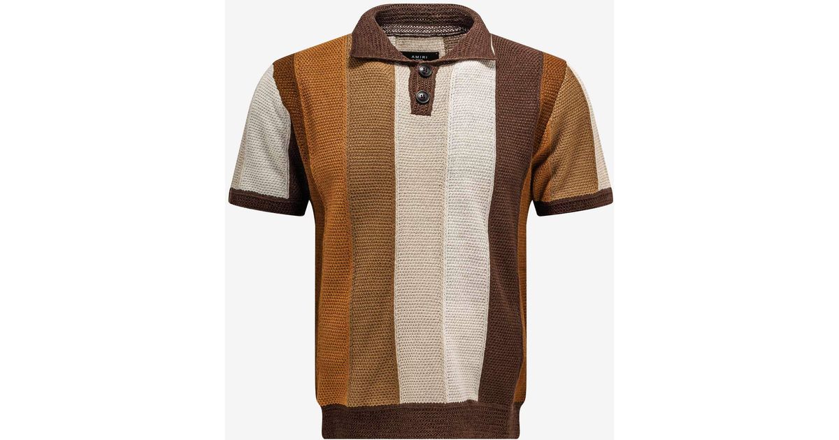 Amiri Linen Stripe Knitted Polo T-shirt in Brown for Men | Lyst