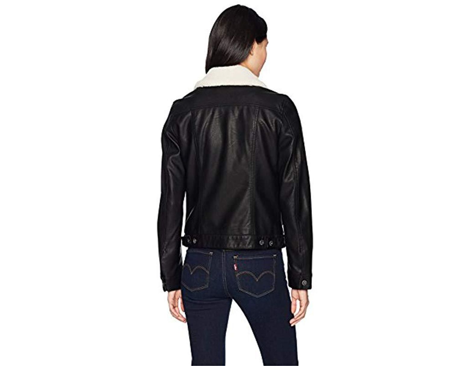 Women S Black Classic Faux Leather Sherpa Collar Trucker Jacket