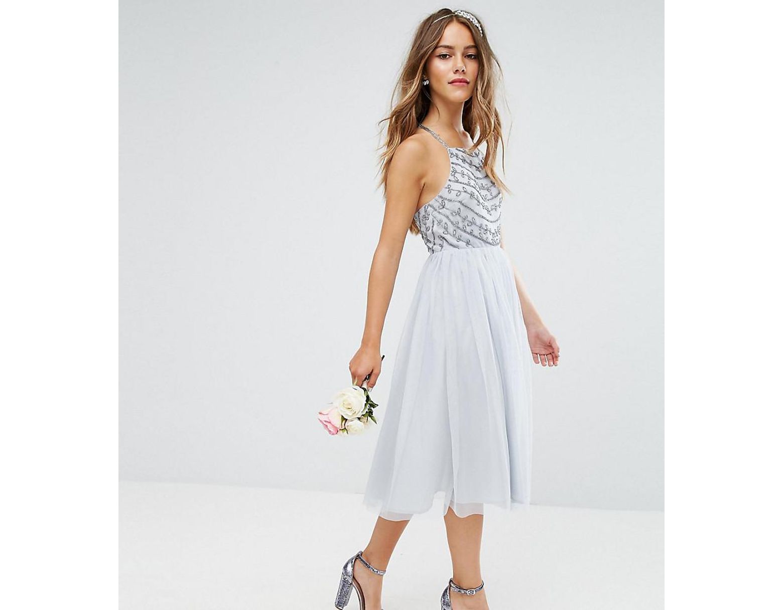 Et Perles Mi Bretelles Ornement Femme Délicates Coloris De Gris En À Robe Longue IYbygv6f7