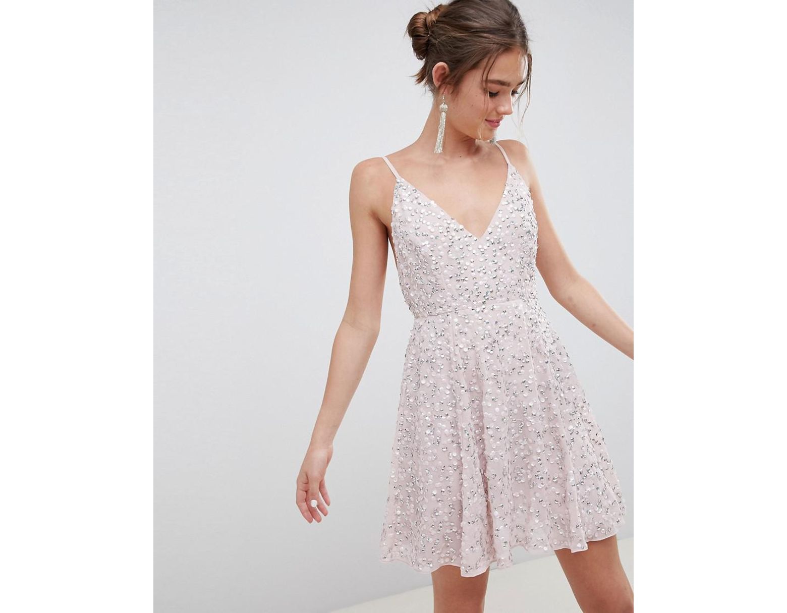 Coloris Femme Décolleté Rose Robe Avec Évasée De Délicats Courte À Sequins Et Plongeant Jupe vN8ny0wmO