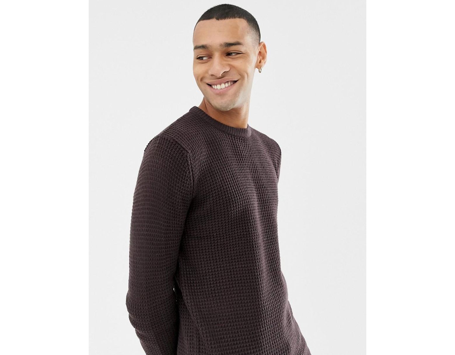 Brave Soul Mens Chunky Waffle Knit Jumper Classic Crew Neck Long Sleeve Sweater