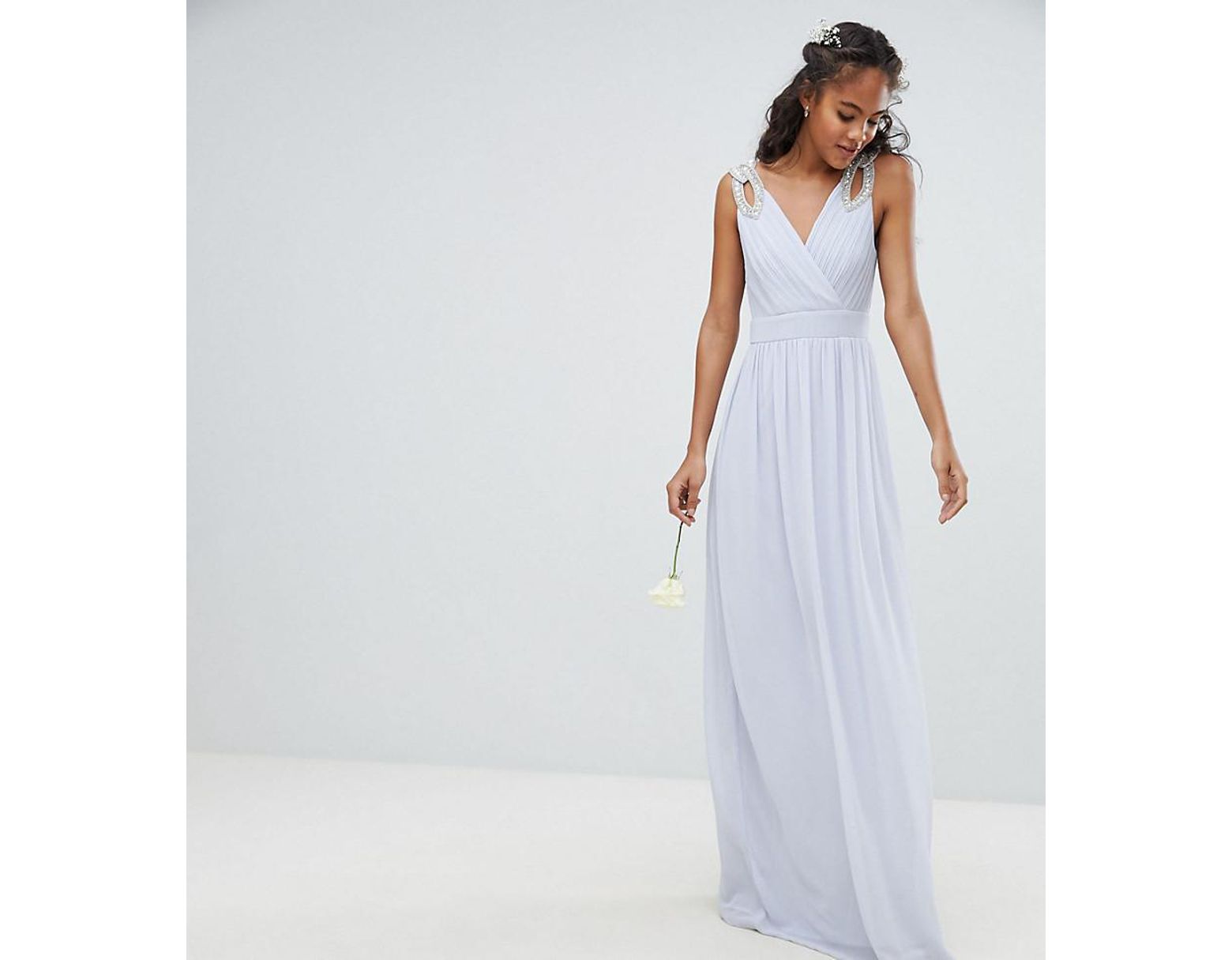 Tfnc Petite Wrap Front Maxi Bridesmaid Dress With Embellished Shoulder