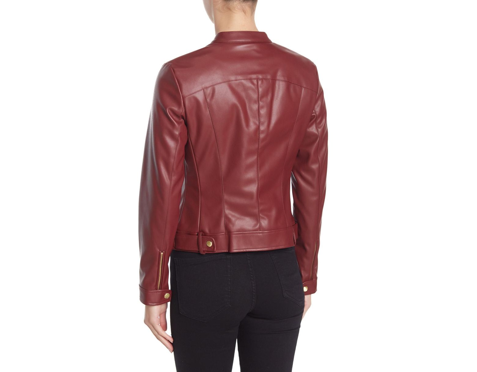 Women S Red Banded Collar Faux Leather Zip Jacket