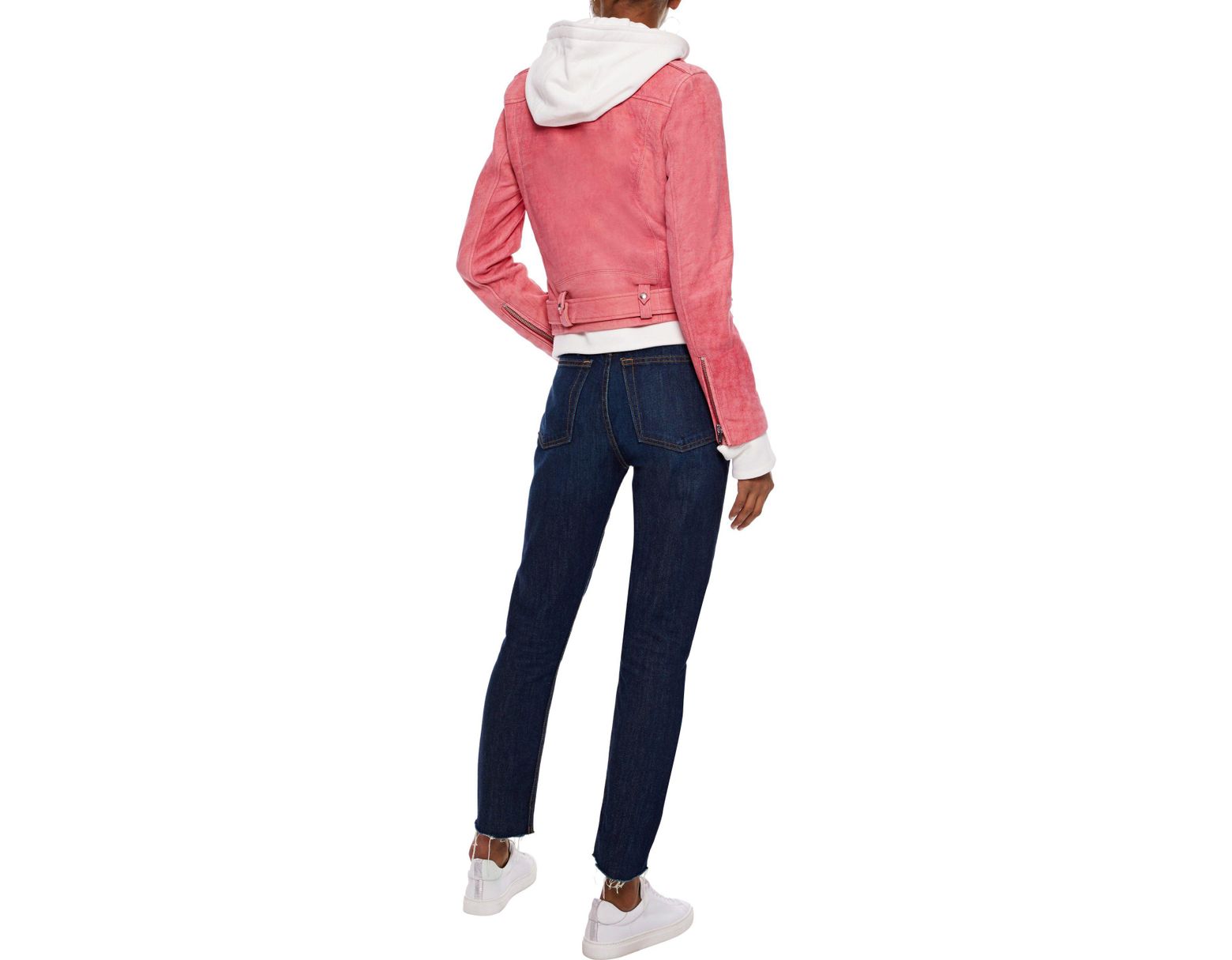 Women S Layered Cotton And Suede Hooded Biker Jacket Pink