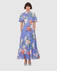 LEO LIN Bianca Short Sleeve Midi Dress in Blue | Lyst