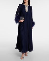 Self-Portrait Feather-Trimmed Metallic Chiffon Midi Dress in Blue | Lyst
