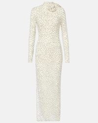 khaite sheer polka dot dress Khaite Evi Semi-Sheer Fluted-Sleeve Dress with Slip