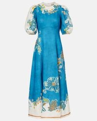 ALMAIS Franca Linen Puff-Sleeve Midi Dress in Green | Lyst
