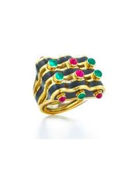 David Webb | Metallic Domino Ring - Cabochon Emeralds And Rubies, black Enamel, And 18k Gold | Lyst