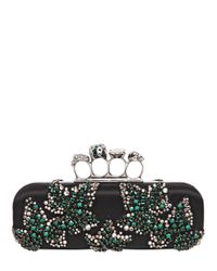 Alexander McQueen Black Embellished Satin Knuckle Box Clutch