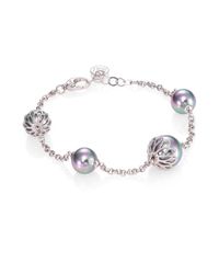 Majorica | Metallic 10mm-12mm Grey Round Pearl & Sterling Silver Flower Station Bracelet | Lyst