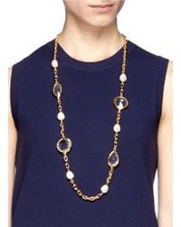 Kenneth Jay Lane | Metallic Faux Pearl Station Crystal Chain Necklace | Lyst