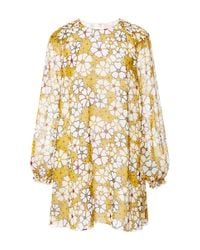Giamba | Yellow Floral Silk Georgette Dress With Smocked Shoulders | Lyst