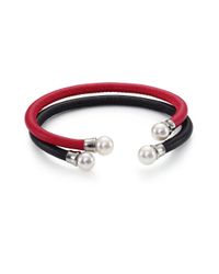 Majorica | Red 8mm White Round Pearl & Leather Cuff Bracelet Set | Lyst