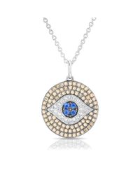 Anne Sisteron - Metallic 14kt White Gold Champagne Diamond And Sapphire Evil Eye Disc Necklace - Lyst