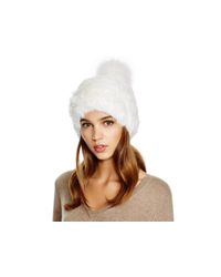 Surell | White Rabbit Fur Hat With Fox Fur Pom-pom | Lyst