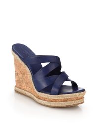 Jimmy Choo | Blue Prisma Cork-wedged Leather Mule Sandals | Lyst