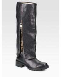 Fendi | Black Leather Zucca Detail Cuffed Tall Boots | Lyst