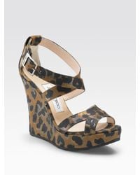 Jimmy Choo | Black Penny Leopard-print Wedge Sandals | Lyst
