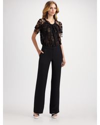 Oscar de la Renta | Black Lace & Chiffon Short Sleeve Blouse | Lyst