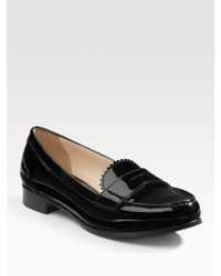 Prada | Black Patent Leather Pinked Penny Loafers | Lyst