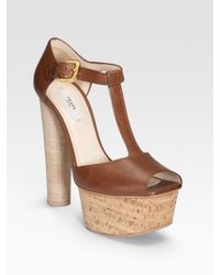Prada | Brown T-strap Cork Platform Sandals | Lyst