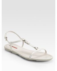Prada | White Patent Leather T-strap Sandals | Lyst