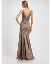 THEIA | Brown Shirred and Pleated Stretch Gown | Lyst