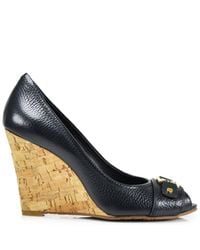 Tory Burch | Blue Carnell - Navy Leather Cork Peep Toe Wedge | Lyst