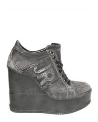 John Richmond | Gray 120mm Swarovski Logo Suede Lace Up Wedge | Lyst