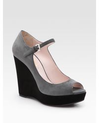 Prada | Gray Bi-color Suede Mary Jane Wedges | Lyst