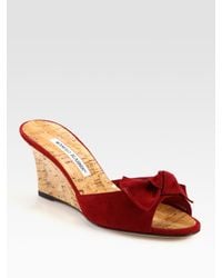 Manolo Blahnik | Red Suede and Cork Wedge Slide Bow Sandals | Lyst
