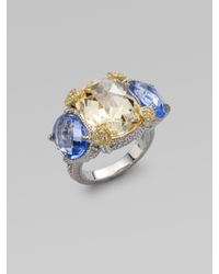 Judith Ripka | Metallic Blue Topaz & Canary Crystal Triple Stone Ring | Lyst