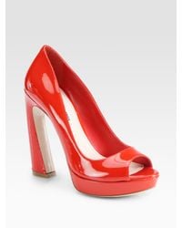 Miu Miu | Patent Leather Peep Toe Flared Heel Pumps | Lyst