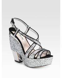 Miu Miu | Metallic Glitter and Suede Trimmed Platform Sandals | Lyst
